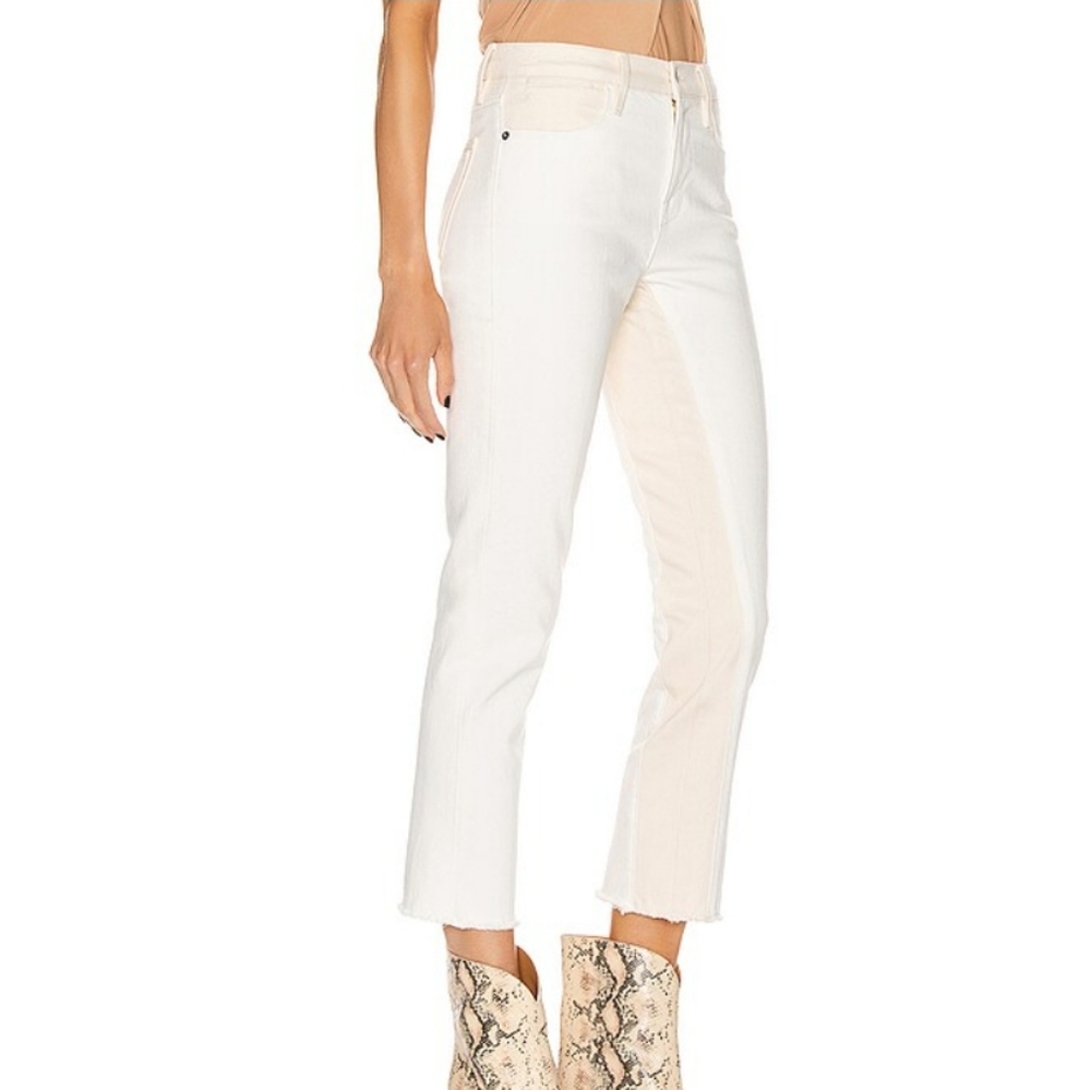 Frame Denim Le High Straight Ankle Jean Cream White 2 Tone Frayed Raw Hem